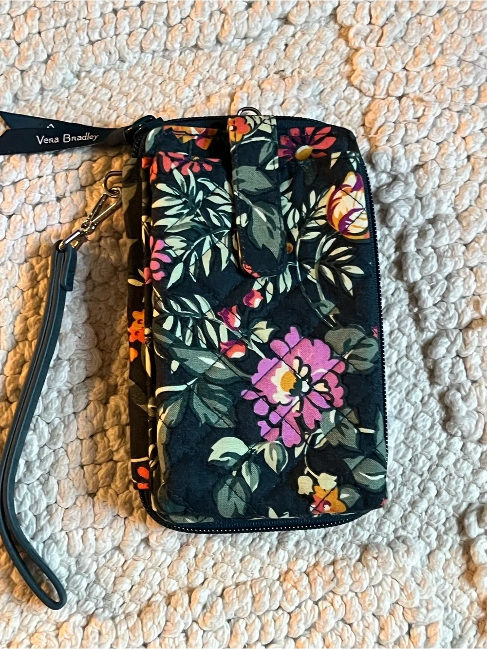 Vera Bradley Black Floral Wristlet Phone Case with Pink & Yellow Blooms